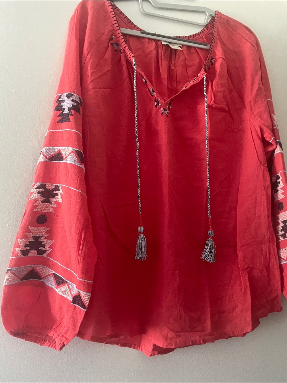 Lucky Brand Red Embroidered Tassel Tunic